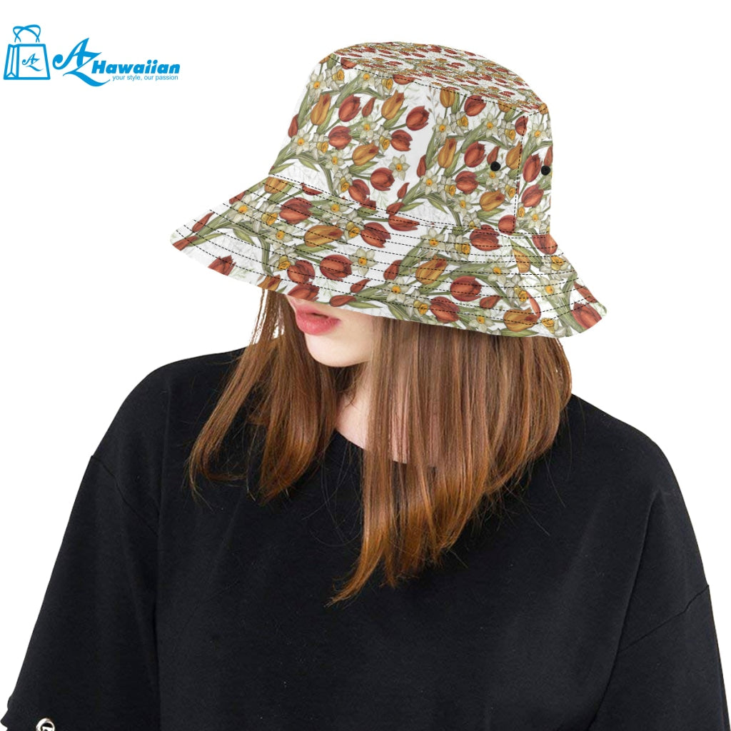 Red tulips and daffodils pattern Unisex Bucket Hat