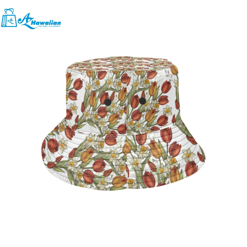 Red tulips and daffodils pattern Unisex Bucket Hat