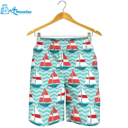 Red White Sailboat Wave Background Men Shorts