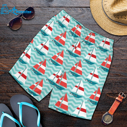 Red White Sailboat Wave Background Men Shorts