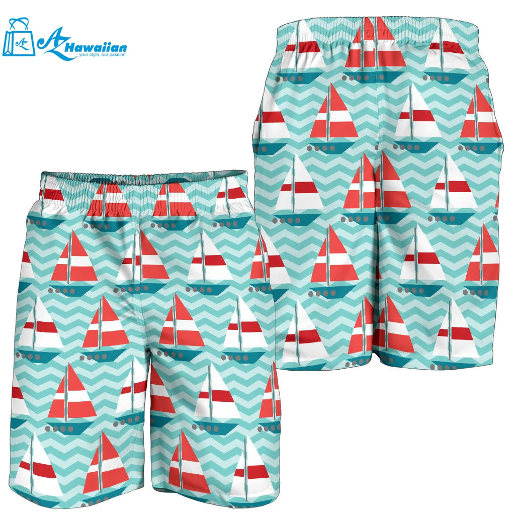 Red White Sailboat Wave Background Men Shorts