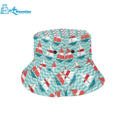 Red White sailboat wave background Unisex Bucket Hat