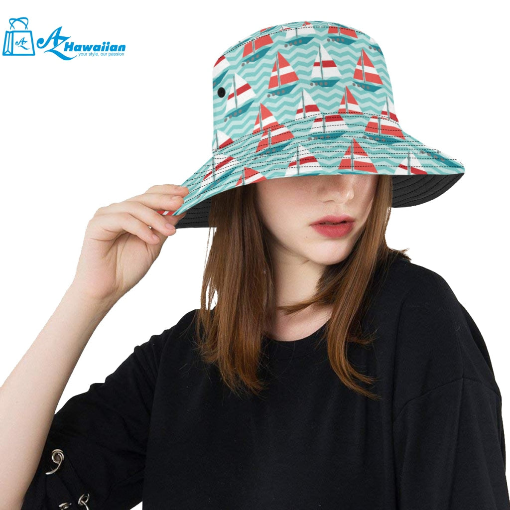 Red White sailboat wave background Unisex Bucket Hat