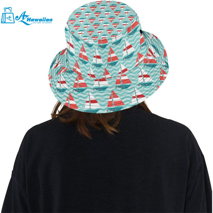 Red White sailboat wave background Unisex Bucket Hat