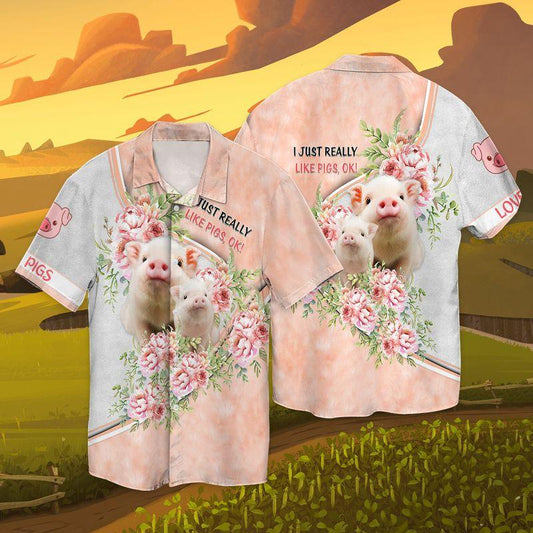 Pigs And Flowers - I Just Really Like 3D Full Print Hawaiian Shirt