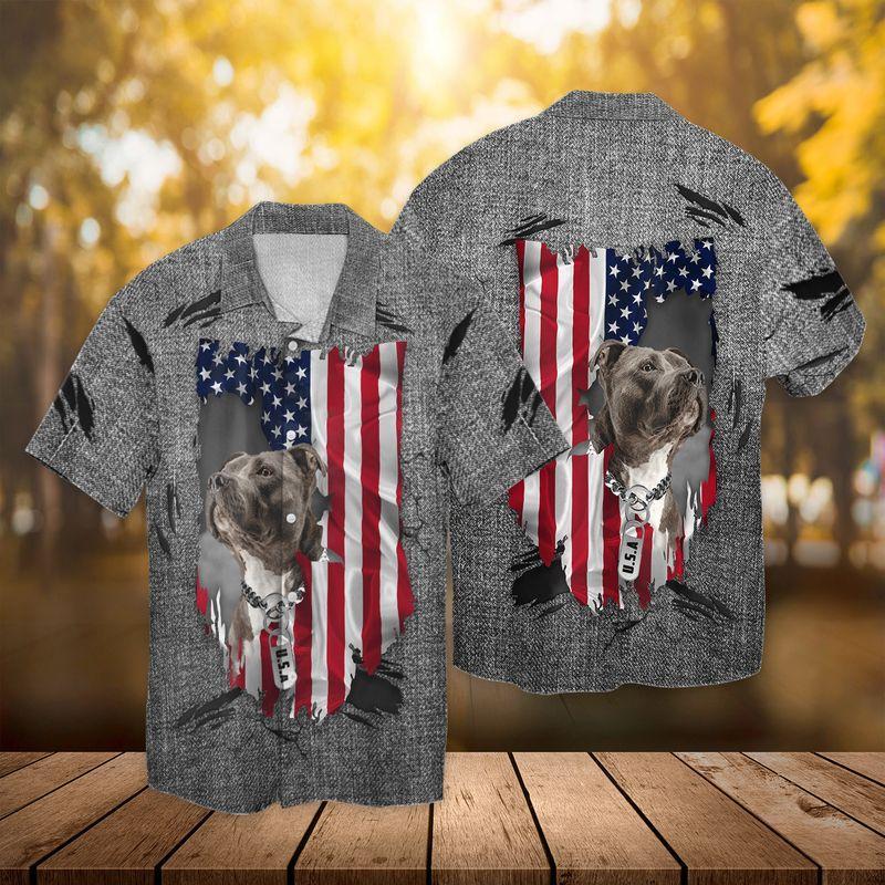 American Flag Pitbull 3D Full Print Hawaiian Shirt