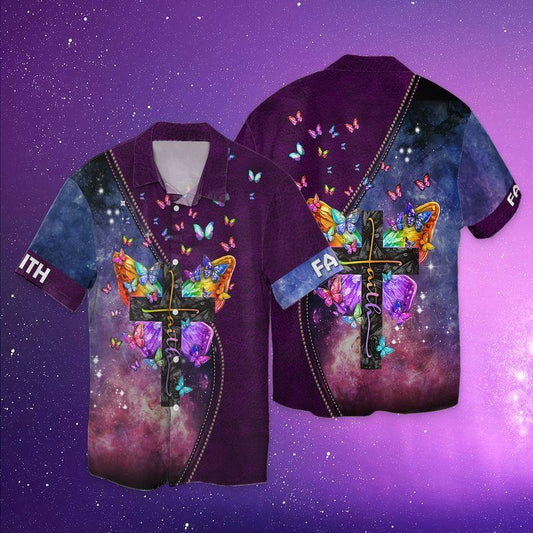 Faith Cross Floral Purple Butterfly Starry Galaxy 3D Full Print Hawaiian Shirt