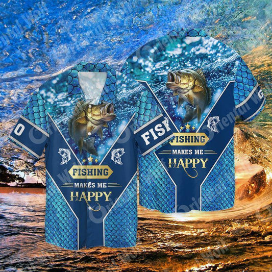 Fishing Makes Me Happy Ocean Blue 3D Full Print Hawaiian Shirt