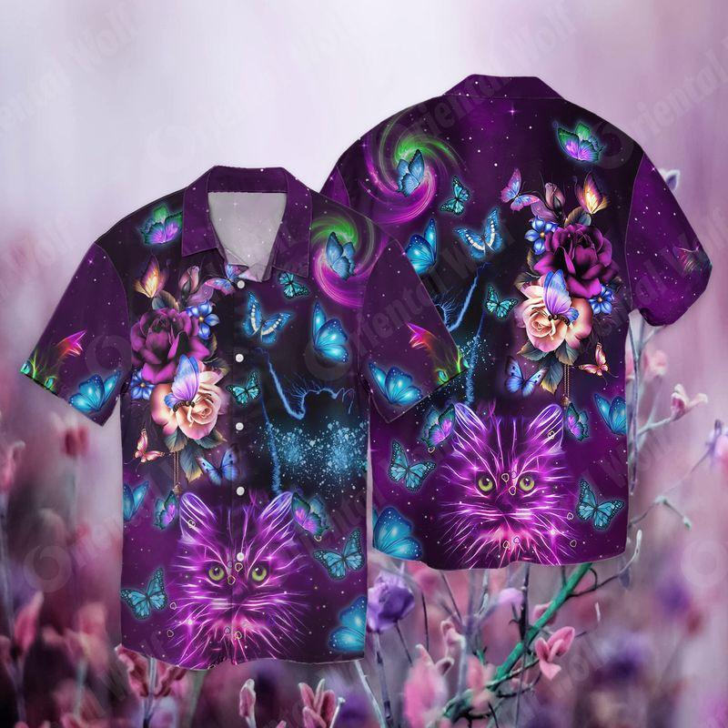 Purple Butterfly Kitten Fairies Starry 3D Full Print Hawaiian Shirt