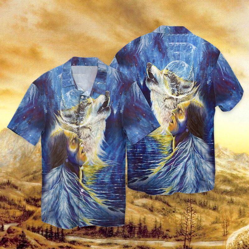 Native Wolf Under The Moon 3D Full Print Hawaiian Shirt