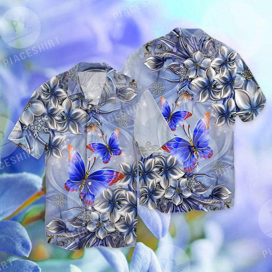 Beautiful Blue Butterfly Flower Painting 3D Full Print Hawaiian Shirt