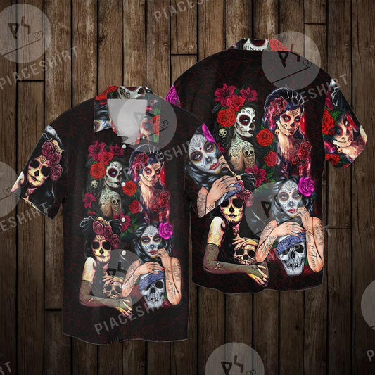 Skull Girls Deadly Beauty Rose Halloween Gift 3D Full Print Hawaiian Shirt