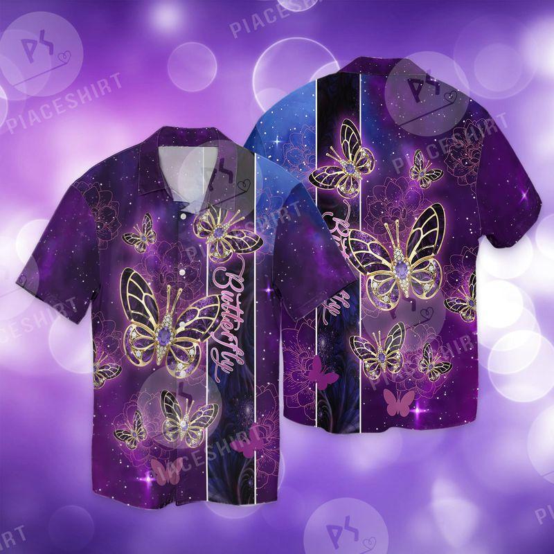 Beautiful Purple Butterfly Lotus Flower 3D Full Print Hawaiian Shirt