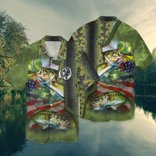 Bass Fishing Us Flag Green 3D Full Print Hawaiian Shirt