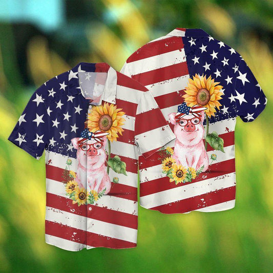 Cute Pig With Sunflowers Us Flag 3D Full Print Hawaiian Shirt