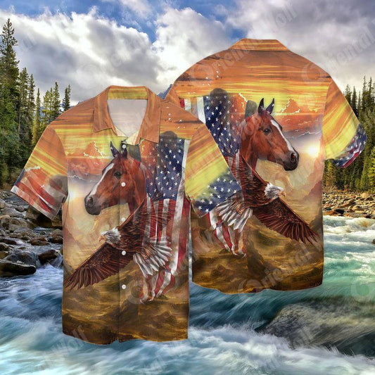 Horse And Eagle Us Flag 3D Full Print Hawaiian Shirt