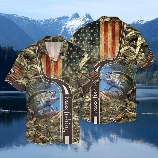 Largemouth Bass Fishing American Flag 3D Full Print Hawaiian Shirt