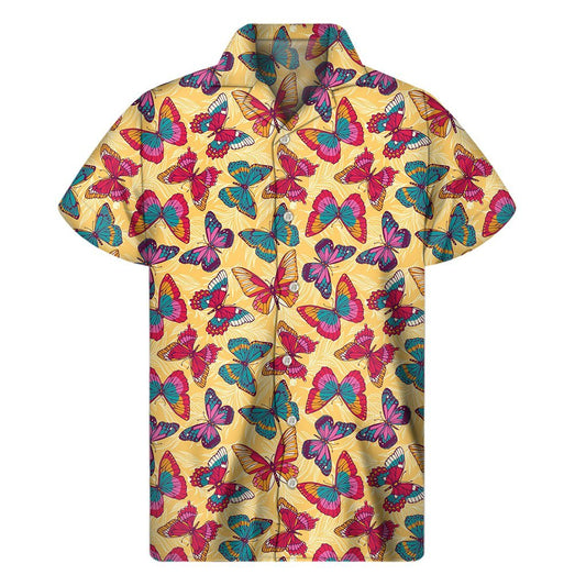 Retro Colorful Butterfly Pattern Print Mens Short Sleeve Shirt Hawaiian