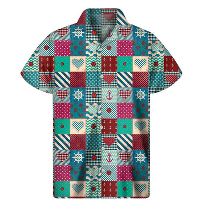 Retro Nautical Patchwork Pattern Print Mens Short Sleeve Shirt Hawaiian