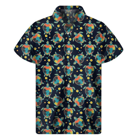 Retro Sea Turtle Pattern Print Mens Short Sleeve Shirt Hawaiian