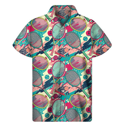 Retro Tennis Pattern Print Mens Short Sleeve Shirt Hawaiian