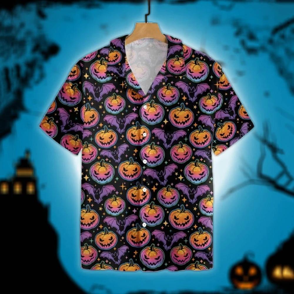 Halloween Purple Glowing Scary Evil Pumpkins Abstract Hawaiian Shirts