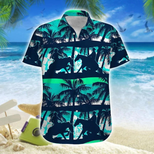 Reining Horse On Beach Blue Green Hawaiian Shirt