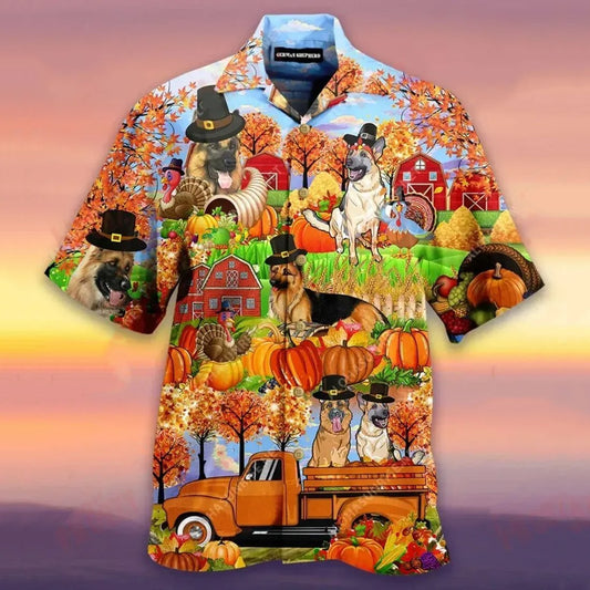 Happy Thanksgiving German Shepherd In Pumpkins Garden Vintage Hawaiian Shirts