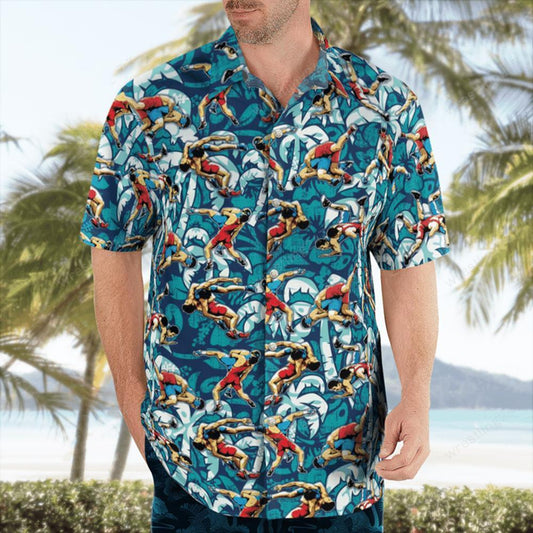 Wrestling Tropical Blue Hawaiian Shirt