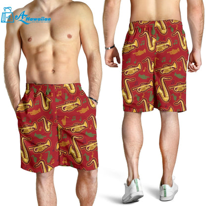 Saxophone Cornet Pattern Red Background Men Shorts