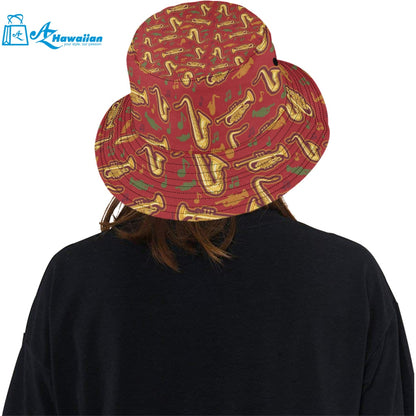 Saxophone cornet pattern red background Unisex Bucket Hat