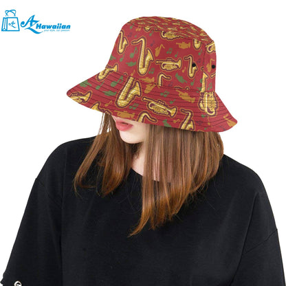 Saxophone cornet pattern red background Unisex Bucket Hat