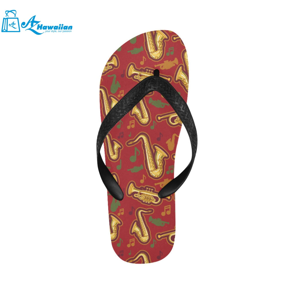 Saxophone cornet pattern red background Unisex Flip Flops