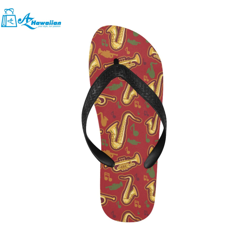 Saxophone cornet pattern red background Unisex Flip Flops