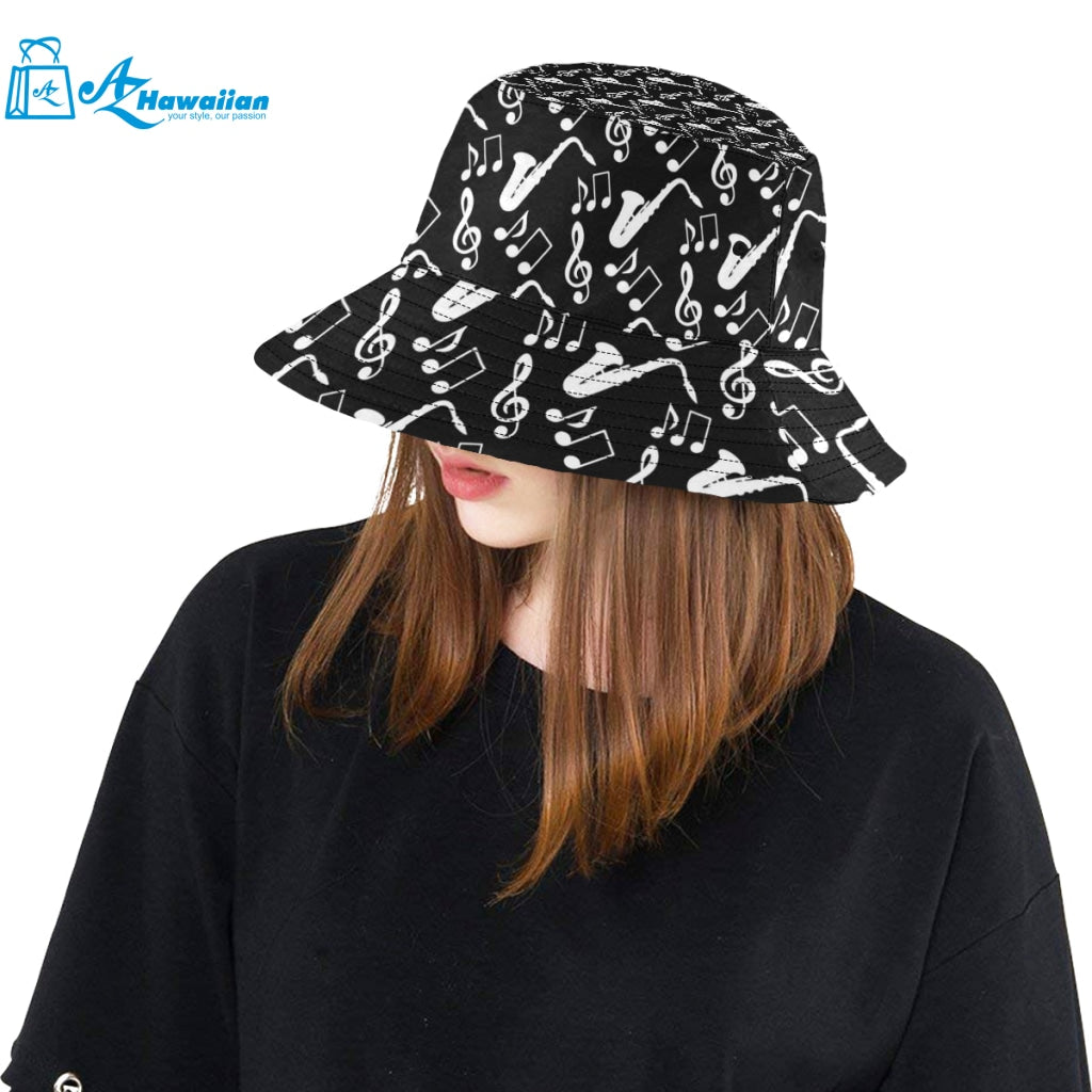 Saxophone music notes treble clef black white them Unisex Bucket Hat