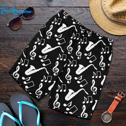 Saxophone Music Notes Treble Clef Black White Theme Men Shorts