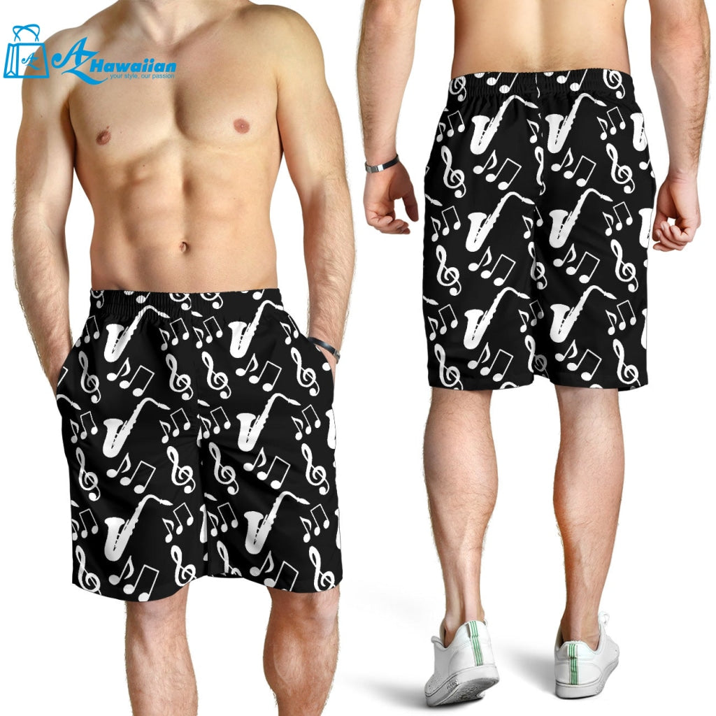 Saxophone Music Notes Treble Clef Black White Theme Men Shorts