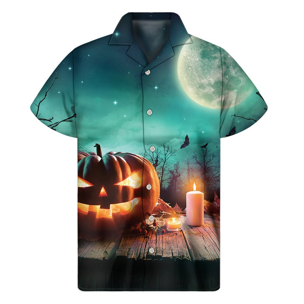 Scary Halloween Pumpkin Print Mens Short Sleeve Shirt Hawaiian