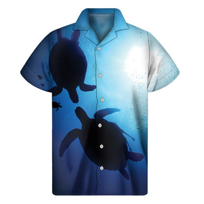 Sea Turtle Family Underwater Print Mens Short Sleeve Shirt Hawaiian