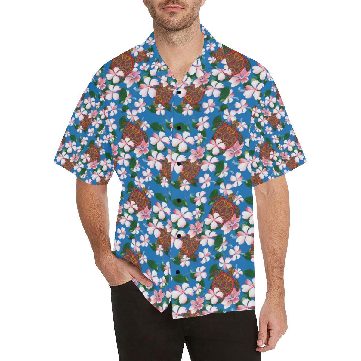 Sea Turtle Pink Hibiscus Hawaiian Print Shirt