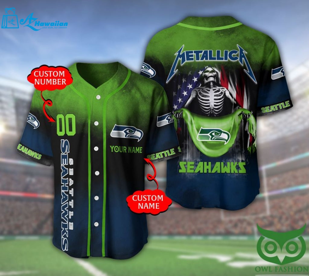 Seattle Seahawks 3D Personalized Gift, Custom Name Number Metallica Baseball Jersey