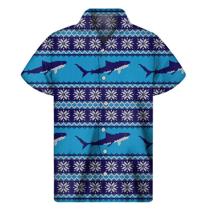 Shark Knitted Pattern Print Mens Short Sleeve Shirt Hawaiian