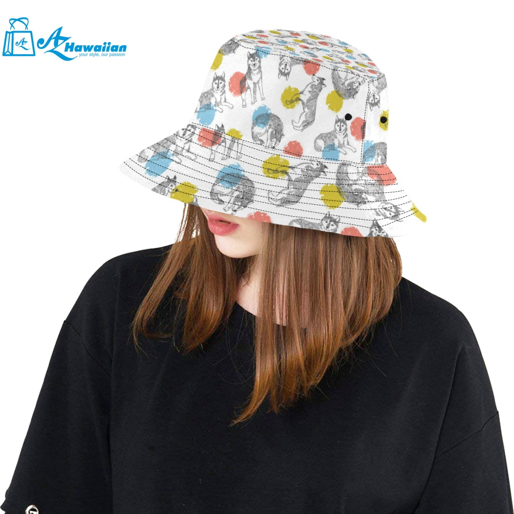 Siberian husky and colorful circle pattern Unisex Bucket Hat