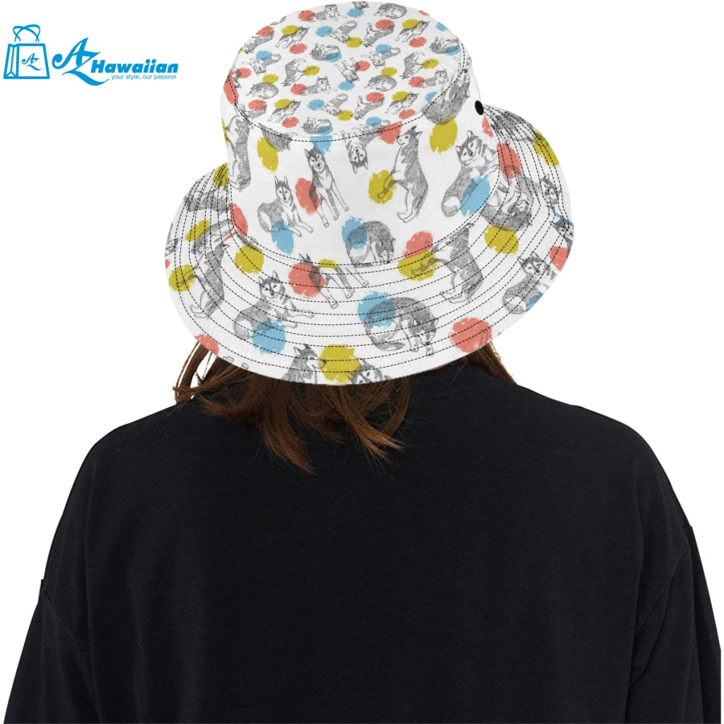 Siberian husky and colorful circle pattern Unisex Bucket Hat