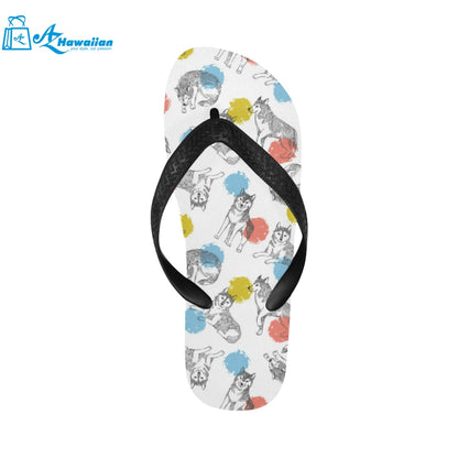 Siberian husky and colorful circle pattern Unisex Flip Flops