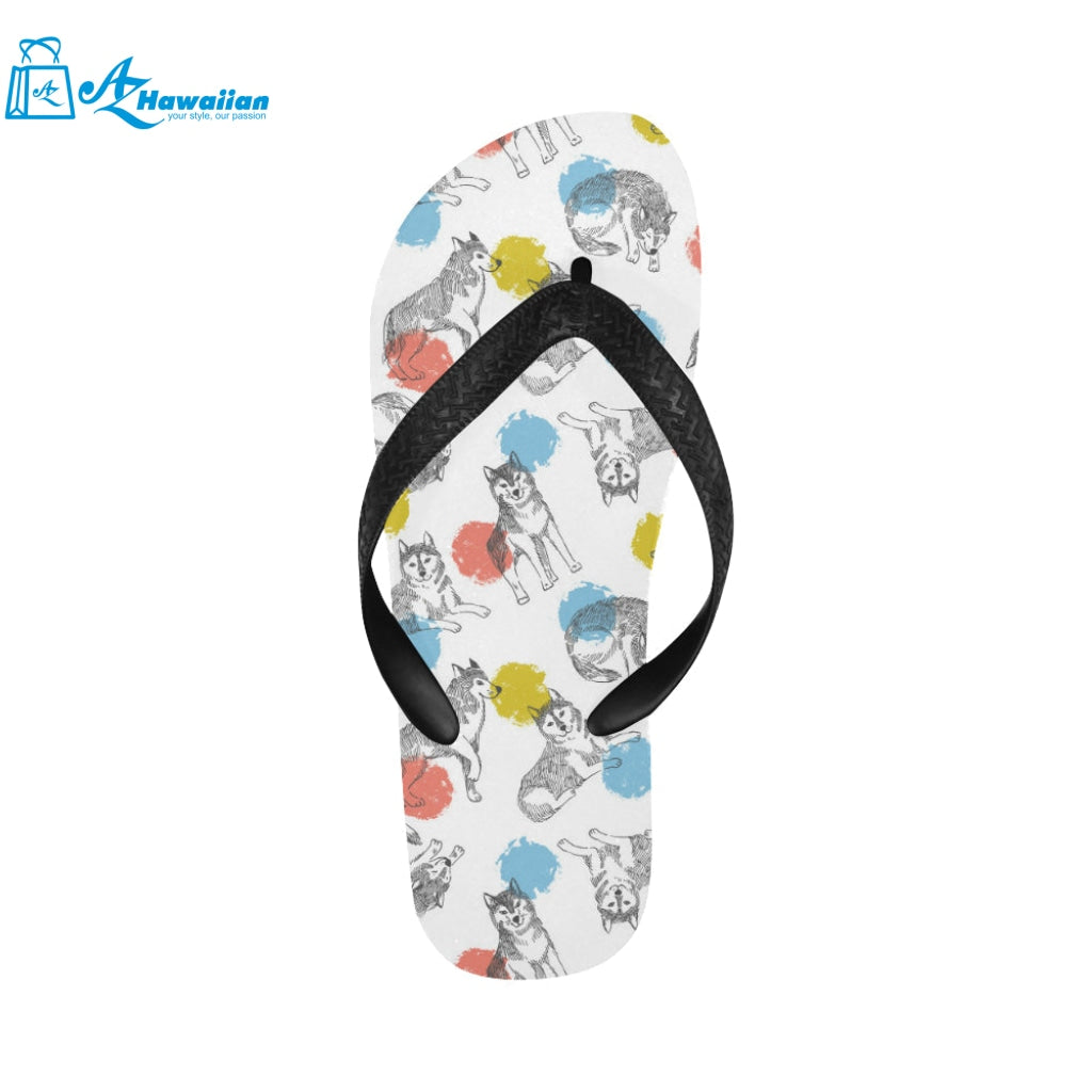 Siberian husky and colorful circle pattern Unisex Flip Flops