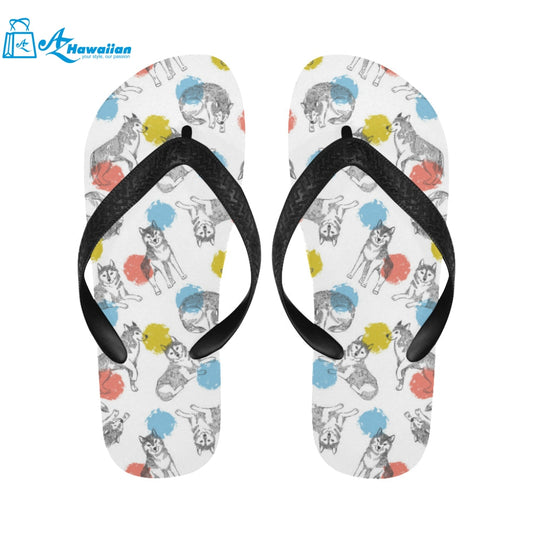 Siberian husky and colorful circle pattern Unisex Flip Flops