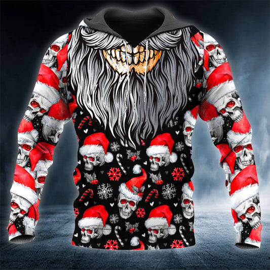 Xmas Long Bearded Santa Skull 3D All Over Printed Unisex Hoodie US Size