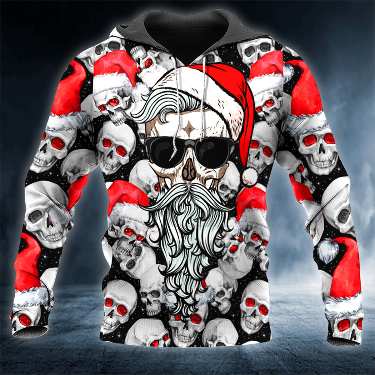 Hipster Mustache Santa Skull 3D All Over Printed Unisex Hoodie US Size