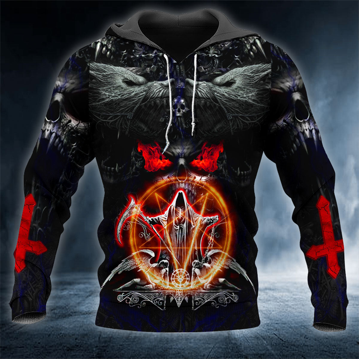 Werewolves Satanic Symbol Reaper Fire Skull 3D All Over Printed Unisex Hoodie US Size